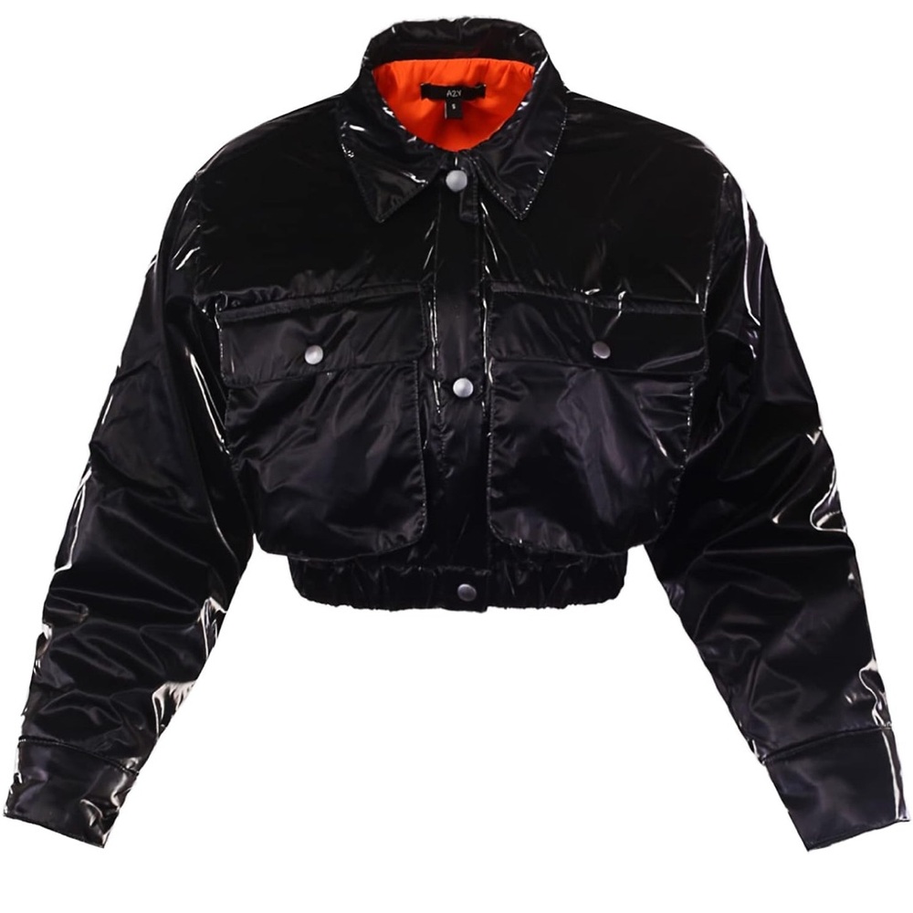 A2Y Cropped Black Glossy Bomber Jacket